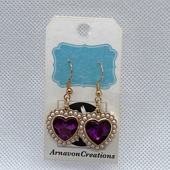 Purple and gold heart earrings with pearl handmade artist made Mothers Day gift - Picture 7 of 8
